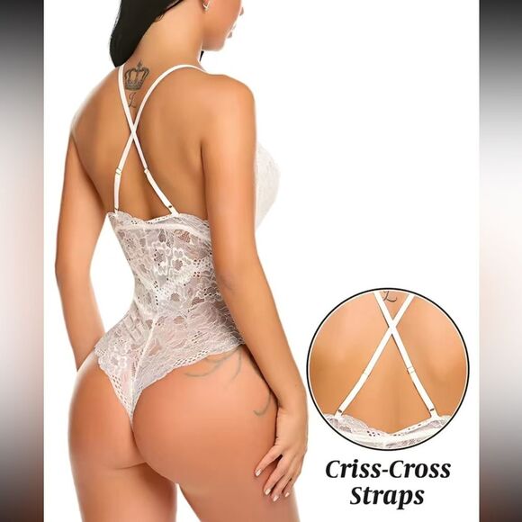 Sexy Lingerie Jumpsuit with Criss Cross Straps Semi Sheer White Lace Seduce, M - Picture 3 of 13